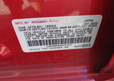 2009 Mitsubishi Lancer Gts from USA, damaged, VIN JA3AU86W09U031515